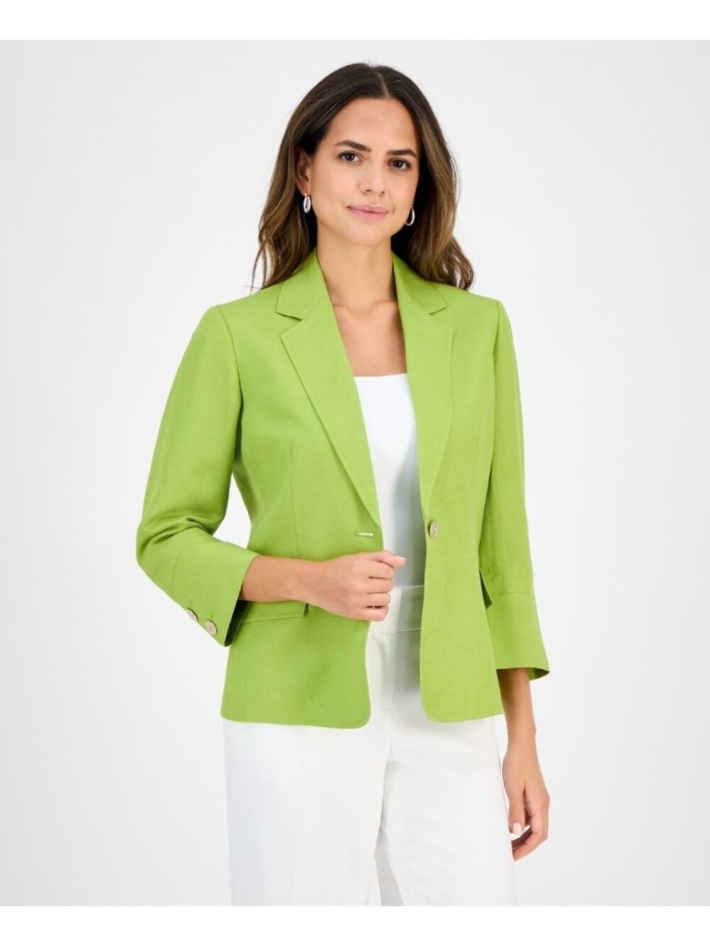 Kasper Linen Blend Notched-Collar 3/4-Sleeve Jacket Green Petite Size 16P $139